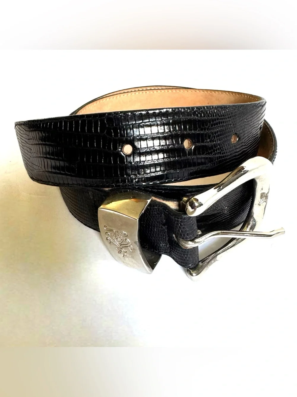Vintage Brooks Brothers Black Genuine Lizard Leather Belt M Silver Tone Western